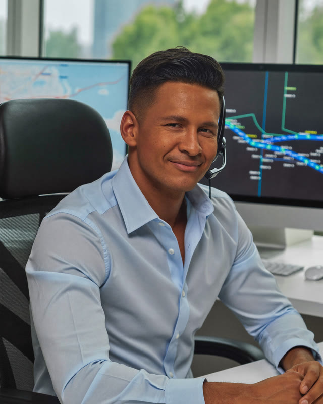 AI-generated portrait: dispatcher with a headset at his desk, a route map on the screens