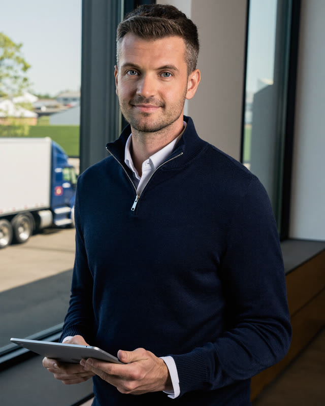AI-generated portrait: fleet manager with a tablet by an office window over the truck yard