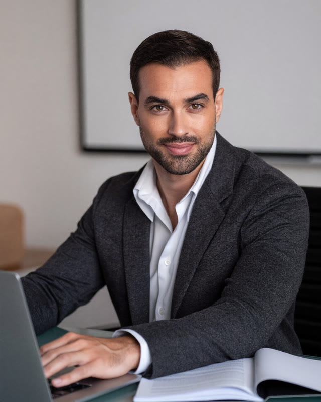 AI-generated portrait: business consultant at a conference table with a laptop