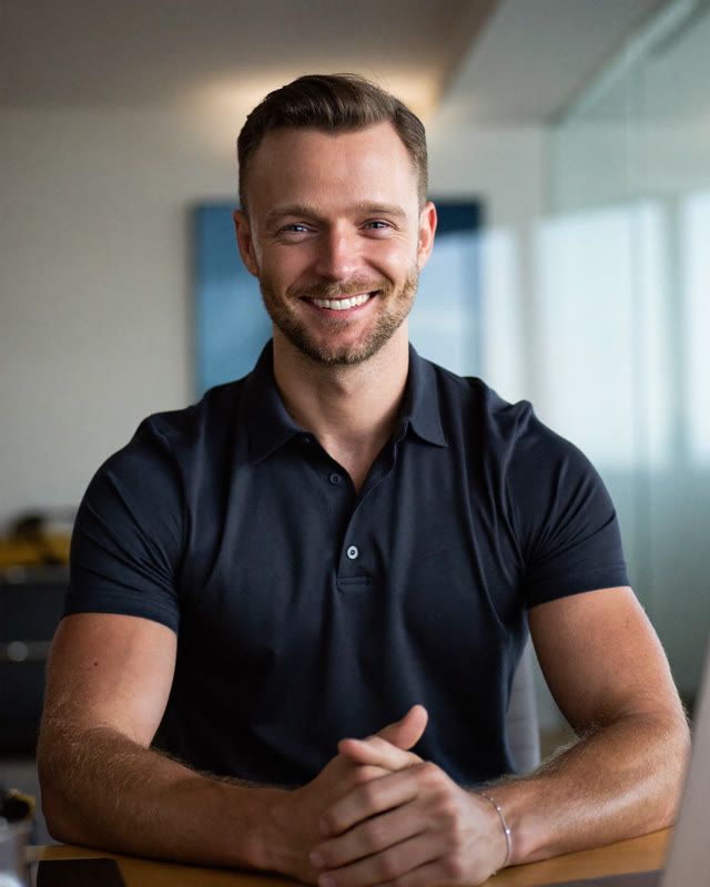 AI-generated portrait: driver recruiter at his desk in a bright office