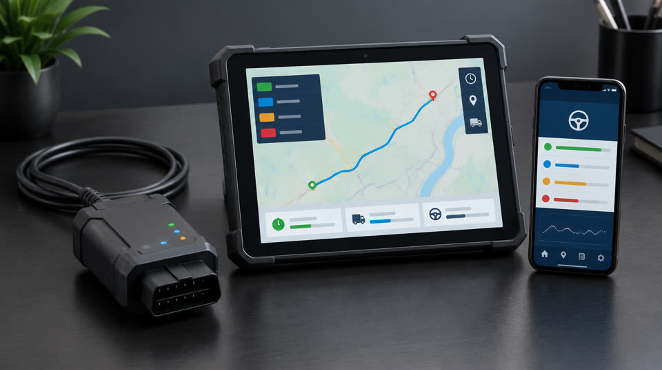 ELD plug-in device, fleet map on a tablet and driver app on a phone