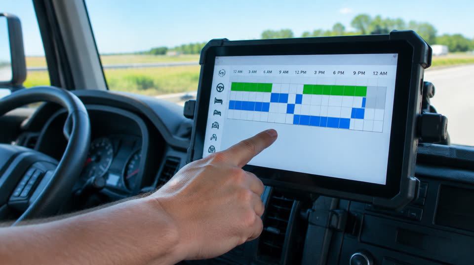 Hours-of-service log grid on a rugged tablet